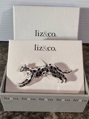 Liz & Co Silver tone and Black Enamel Spotted Leopard Brooch / Pin New
